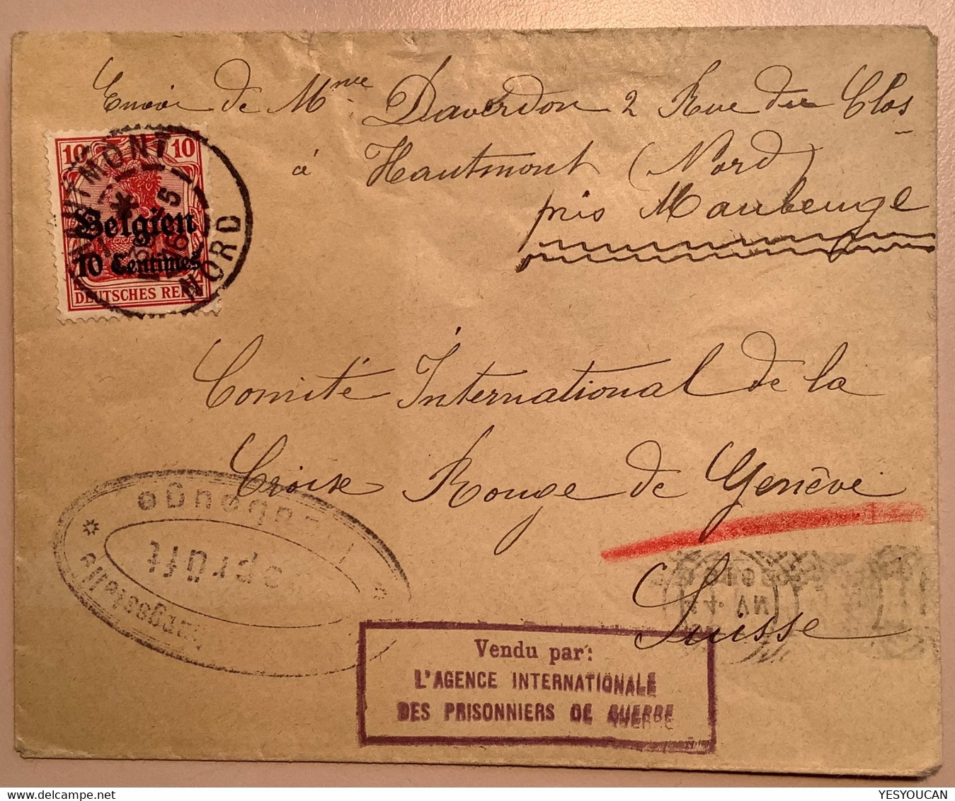 HAUTMONT NORD 1916(France Maubeuge)Germania/BELGIEN Lettre Censure>Croix Rouge Genéve (Belgique WK1 WW1 Guerre 1914-18 - Kriegsmarken