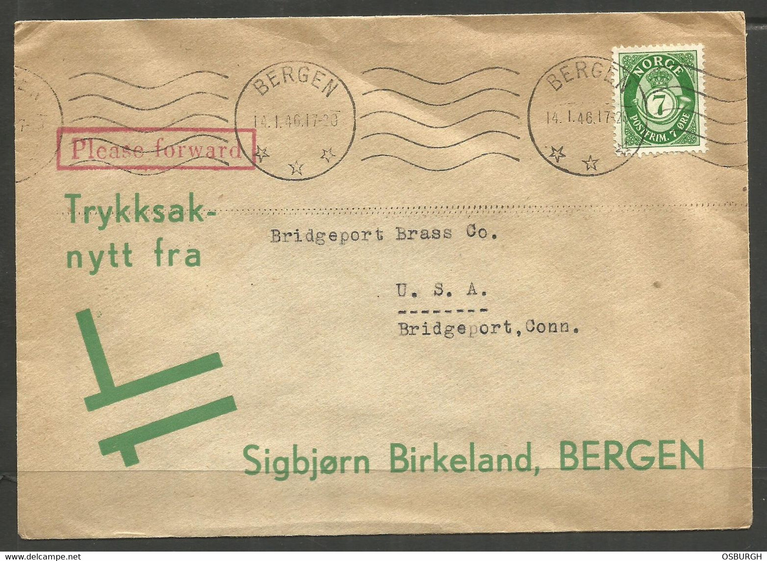 NORWAY. 1946. COVER. BERGEN TO BRIDGEPORT CONNECTICUT. SIGBJORN BIRKELAND - BERGEN - Brieven En Documenten