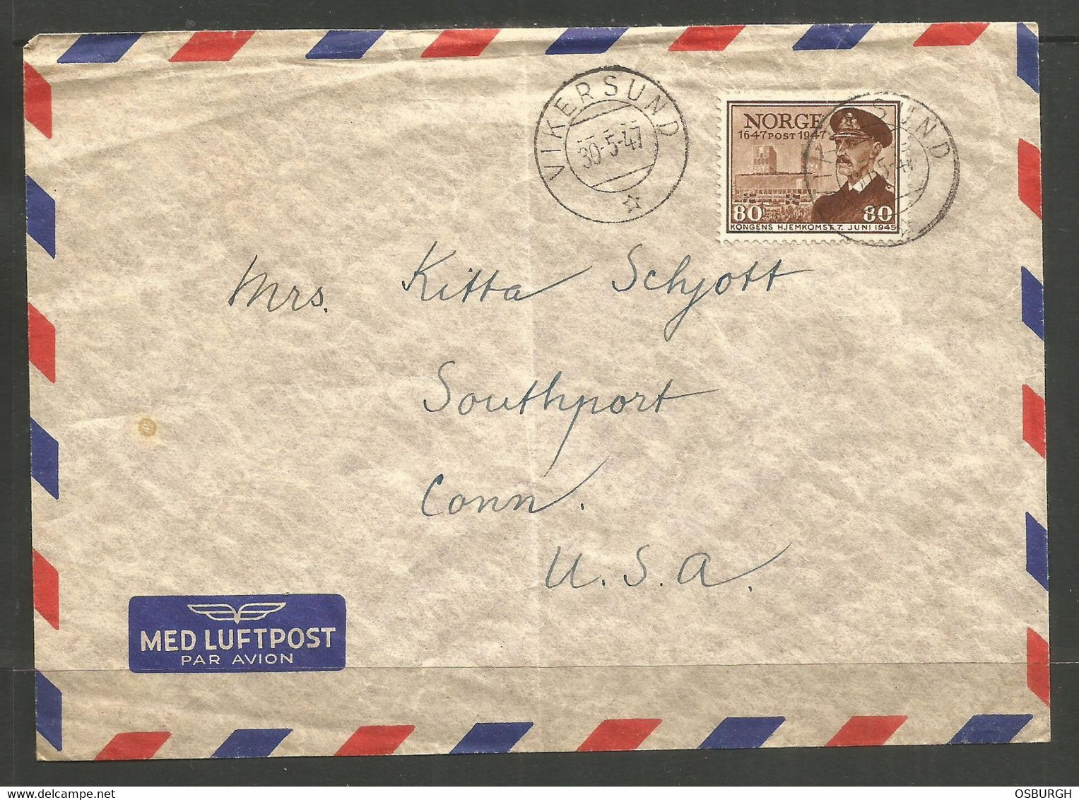 NORWAY. 1947. AIR MAIL COVER. VIKERSUND TO SOUTHPORT CONNECTICUT - Covers & Documents
