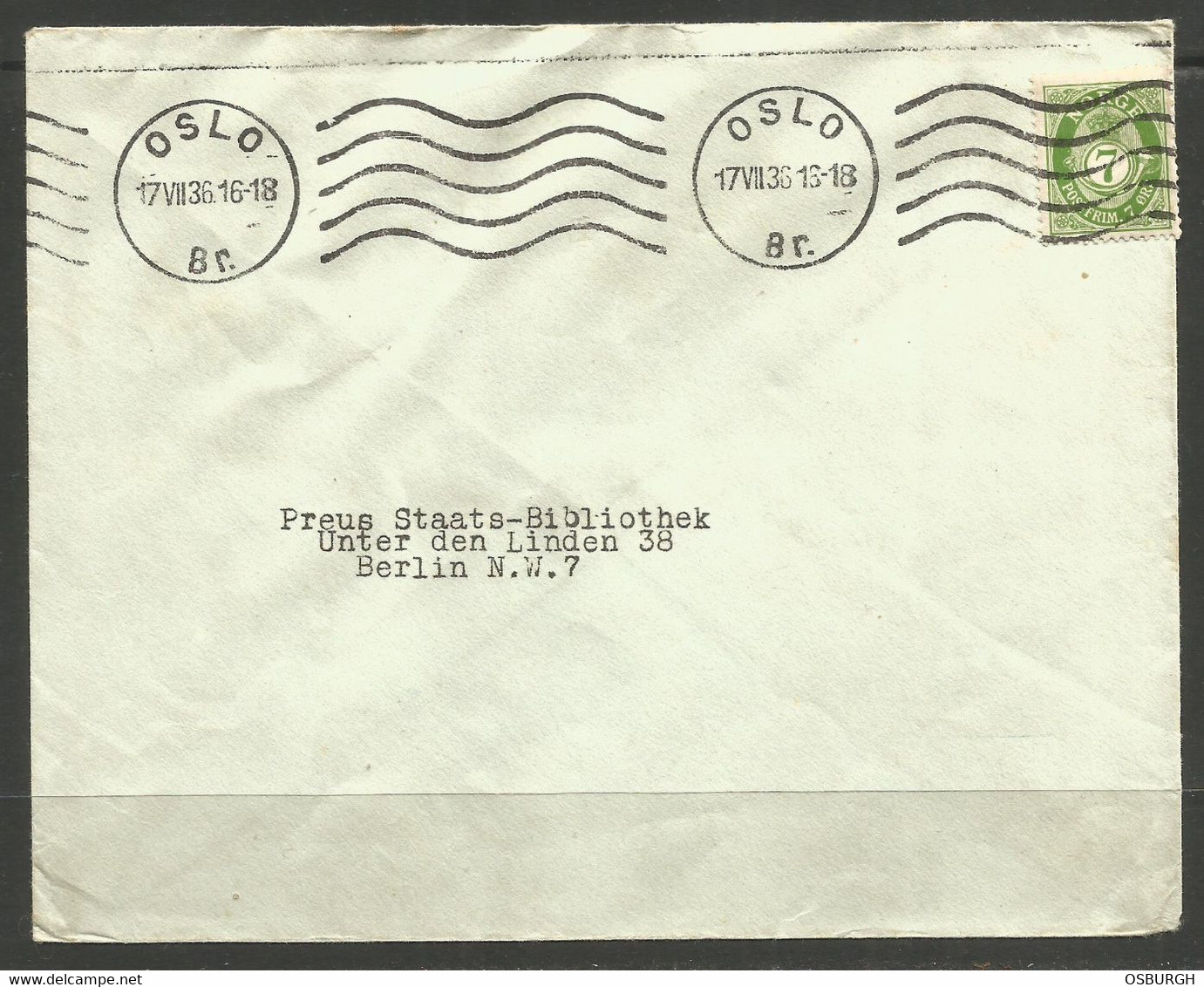 NORWAY. 1936. COVER. OSLO TO PRUSSIAN STATE LIBRARY. - Lettres & Documents