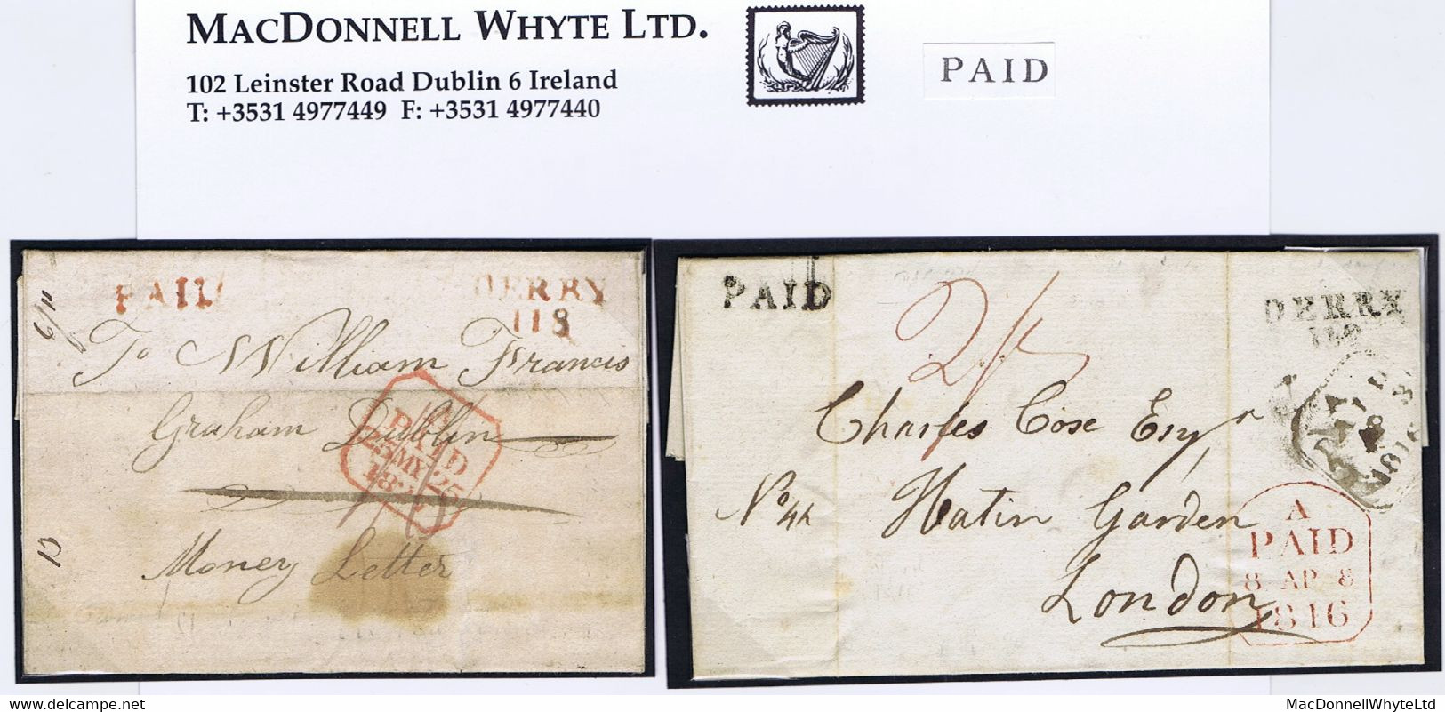 Ireland Derry Unframed PAID Struck In Black 1818 And In Red 1827 (on "Money Letter"), Each With Derry Mileage Mark - Préphilatélie