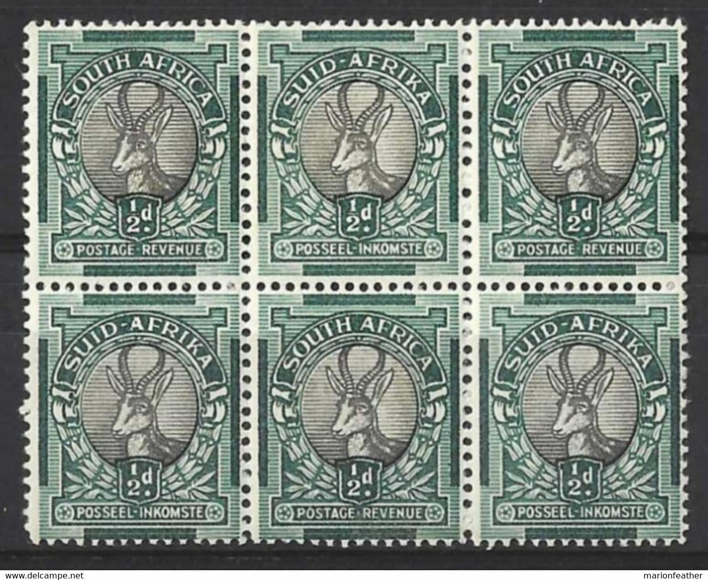 SOUTH AFRICA...KING GEORGE VI...(1936-52..)..." 1937..".....HALFd X BLOCK OF 6.......SG75.....ONE HAS GUM FLAW......MH.. - Blocks & Sheetlets