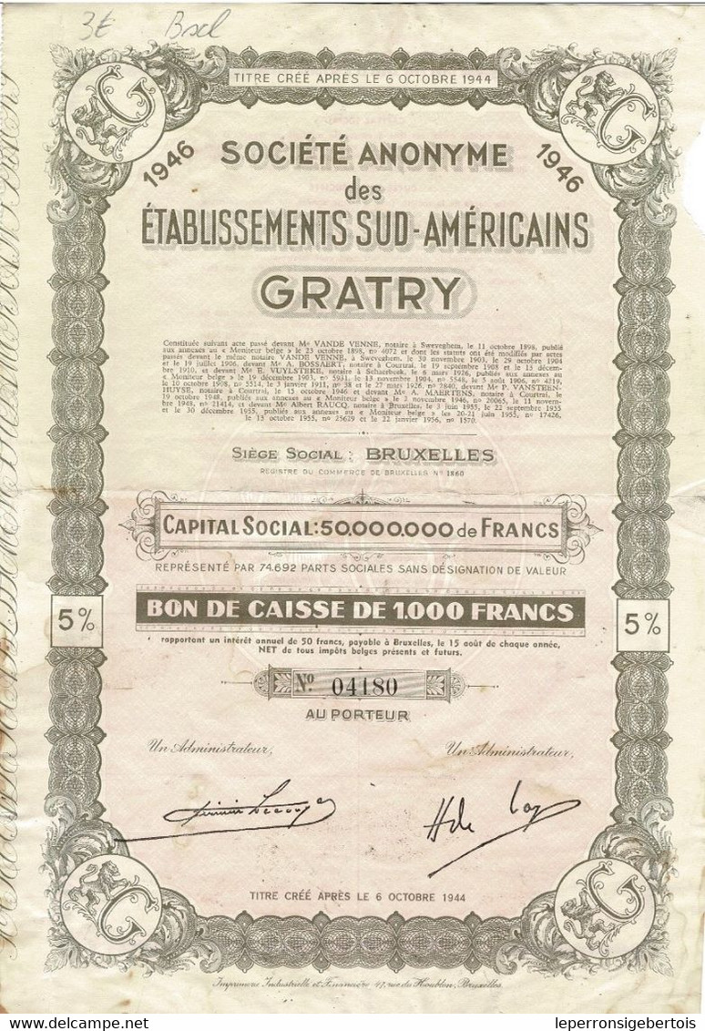 - Titre De 1946 -  Société Anonyme Des Etablissements Sud-Américains GRATRY - - Textiles