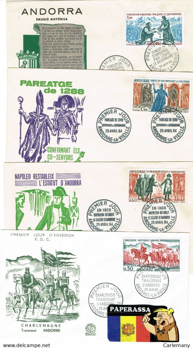 4 ENVELOPPES FDC 1963-64 HISTOIRE ANDORRA - Frankeermachines (EMA)