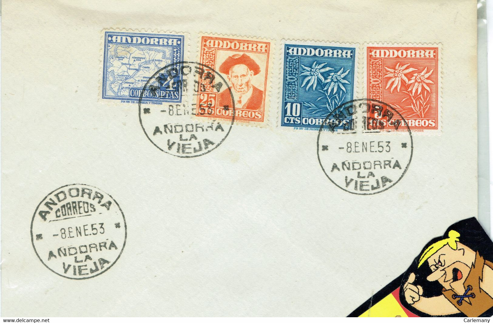 SOBRE ENVELOPPE ANDORRA 1953 4V.  8-01.1953 - Franking Machines (EMA)