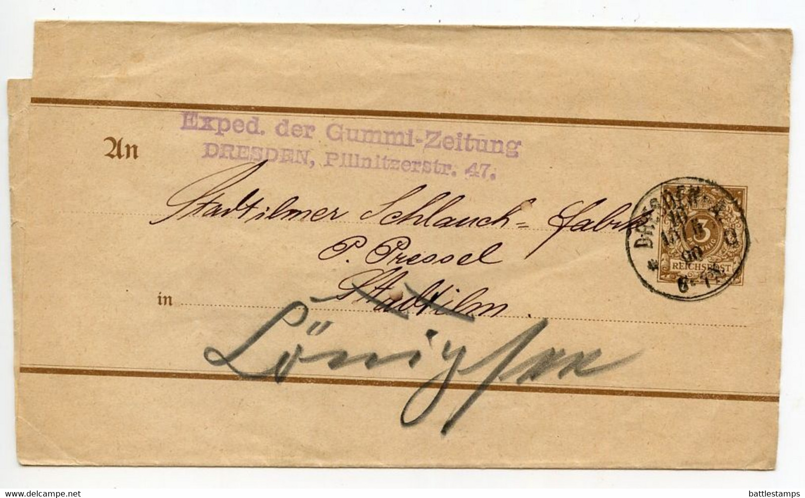 Germany 1890 3pf Crown Wrapper; Dresden Postmark - Other & Unclassified