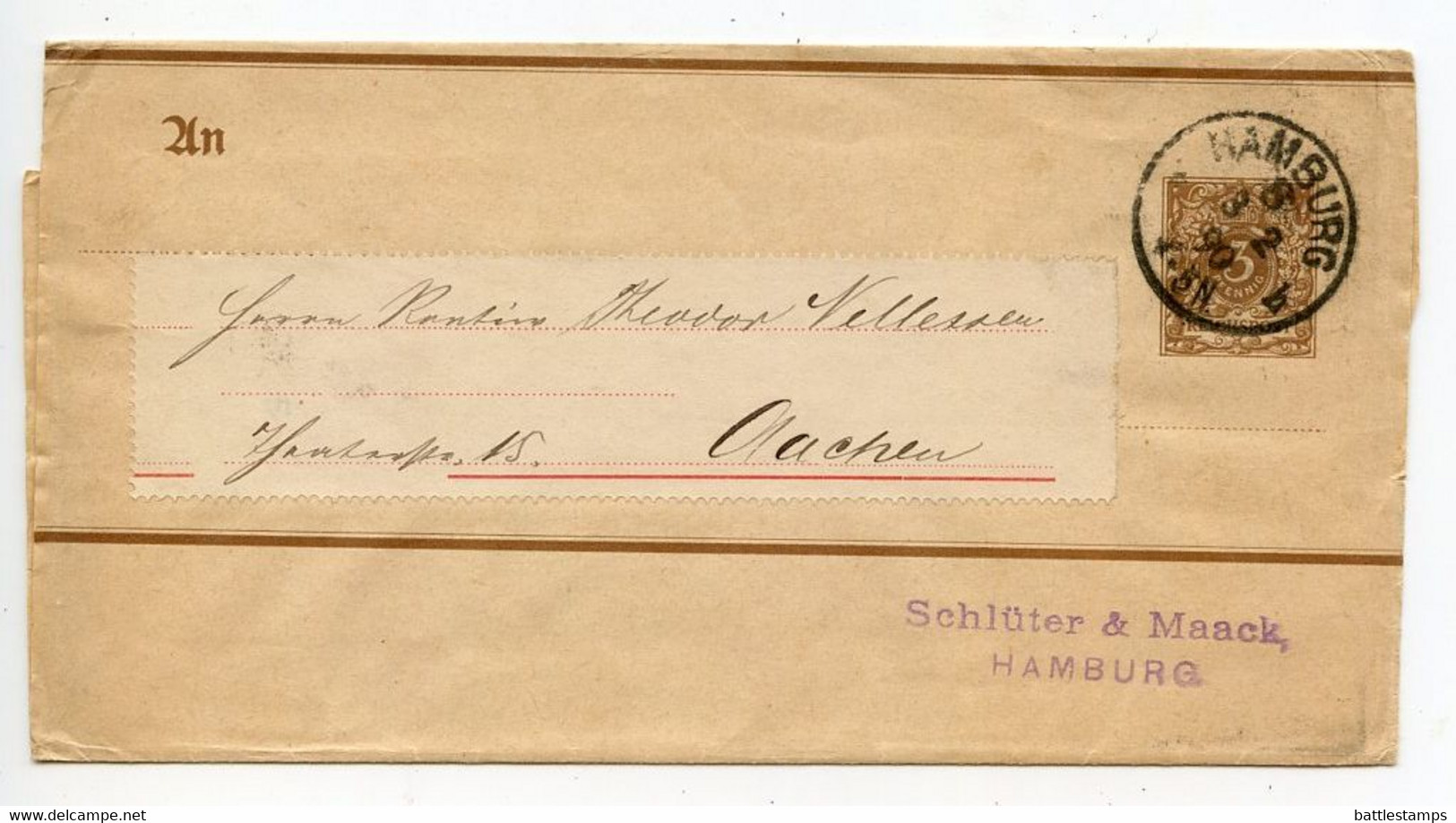 Germany 1890 3pf Crown Wrapper; Hamburg To Aachen - Other & Unclassified