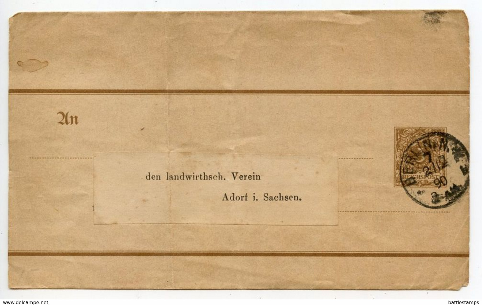 Germany 1890 3pf Crown Wrapper; Berlin To Adorf I. Sachen - Autres & Non Classés