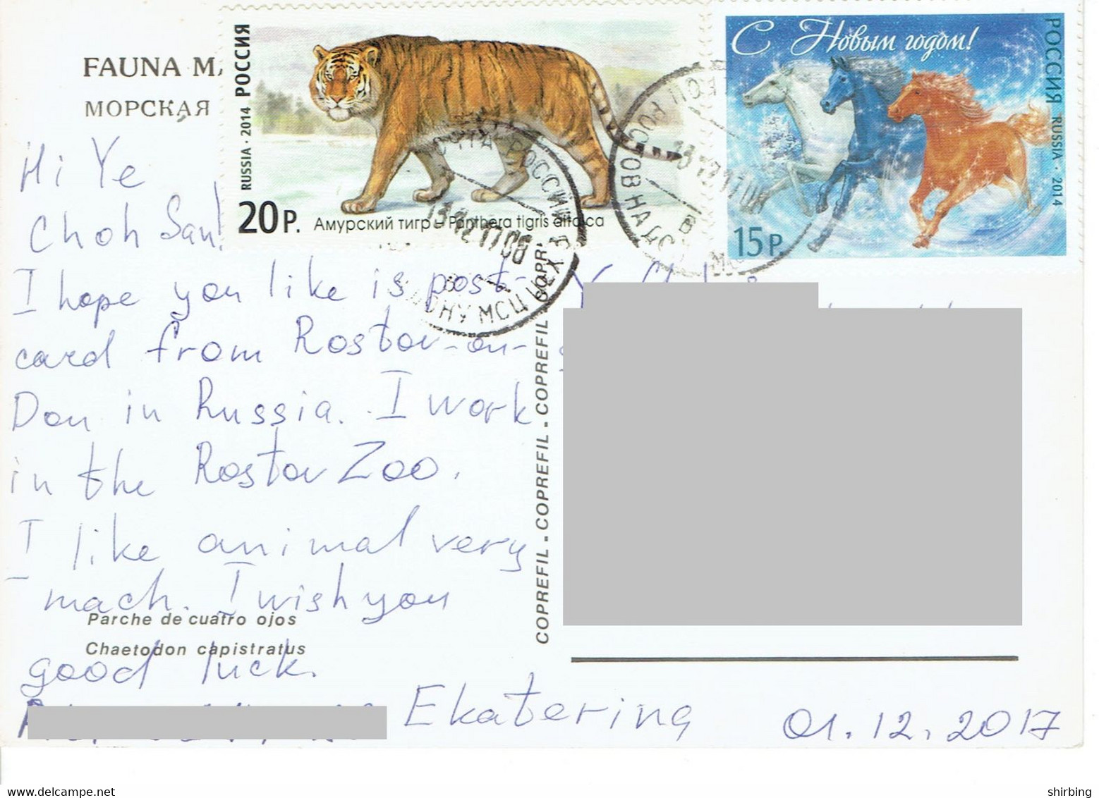 C9 :Russia - Tiger, Big Cat, Horse Stamps Used On Postcard - Lettres & Documents