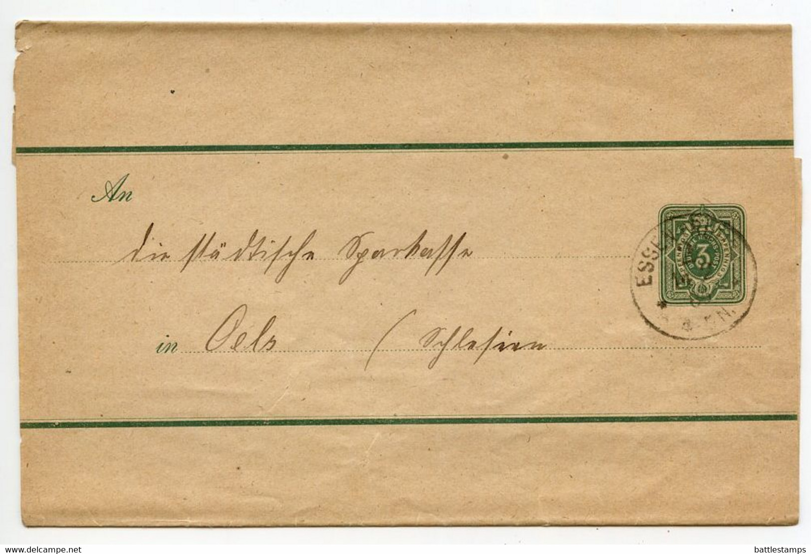 Germany 1885 3pf Crown Wrapper, Essen To Oels - Otros & Sin Clasificación