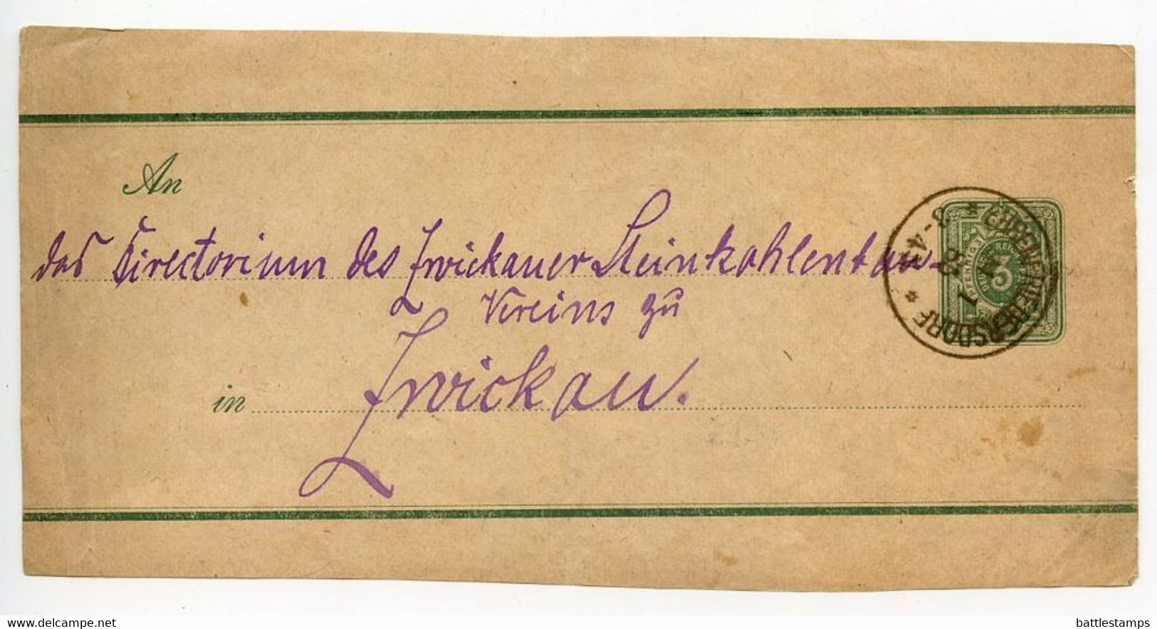 Germany 1885 3pf Crown Wrapper, Cover Front; Ehrenfriedersdorf To Zwickau - Other & Unclassified