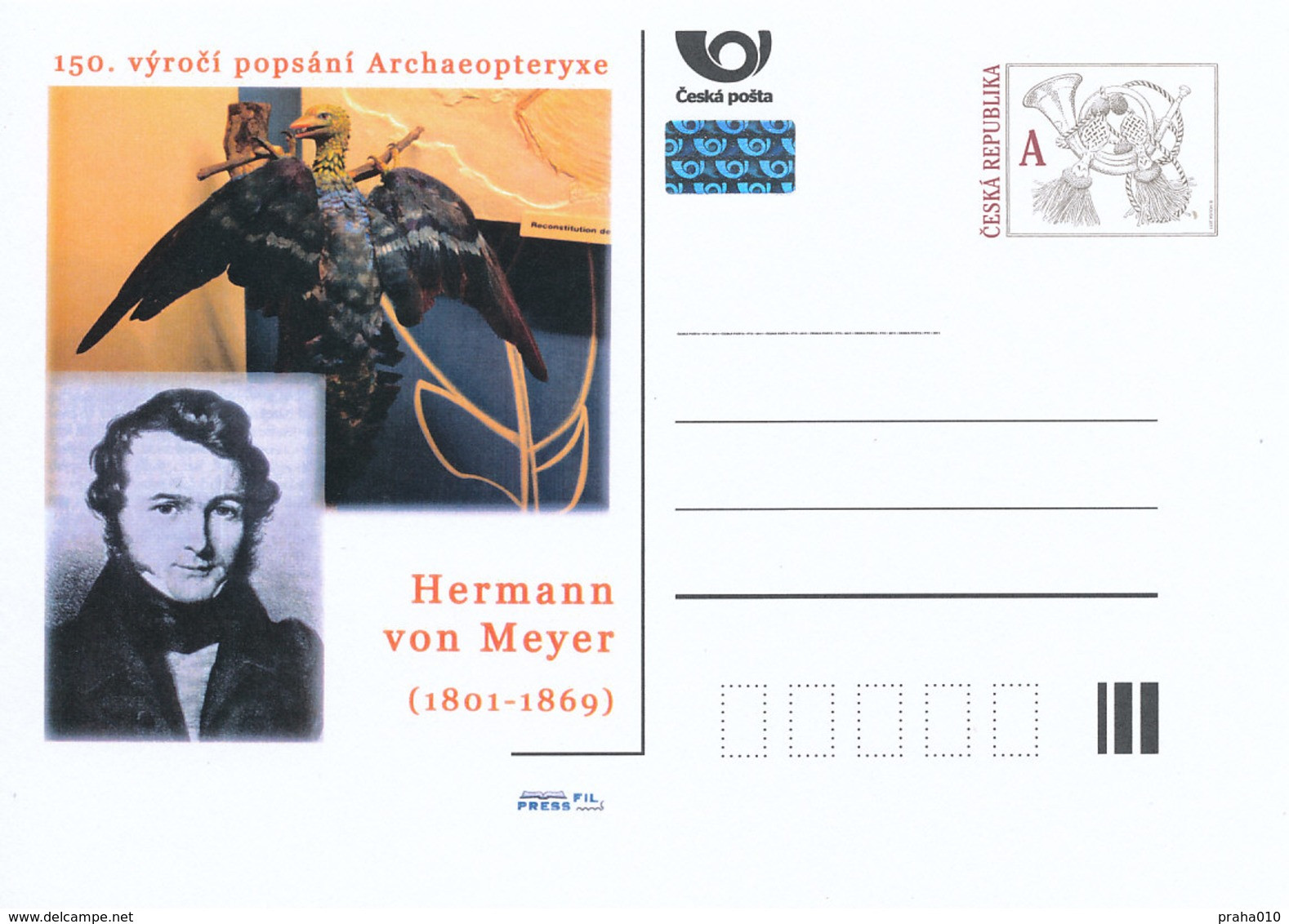 Rep. Ceca / Cart. Postali (Pre2011/44) Il 150 ° Anniversario Descrive L'Archaeopteryx, Il Paleontologo Hermann Von Meyer - Autres & Non Classés
