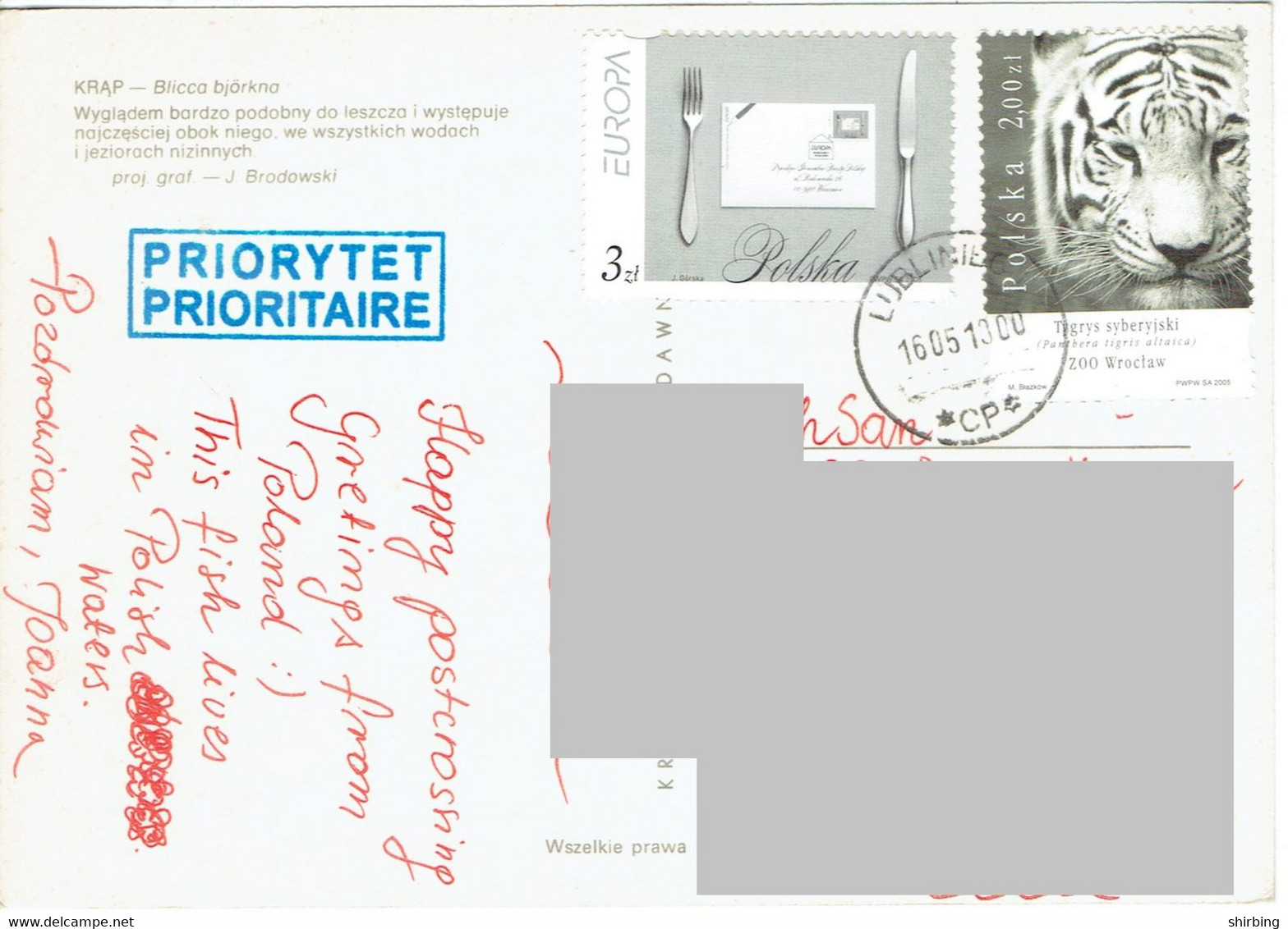 C9 :Poland - Tiger, Big Cat, Forks And Knife, Envelope, Cover, Stamp On Stamp Stamps Used On Postcard - Lettres & Documents