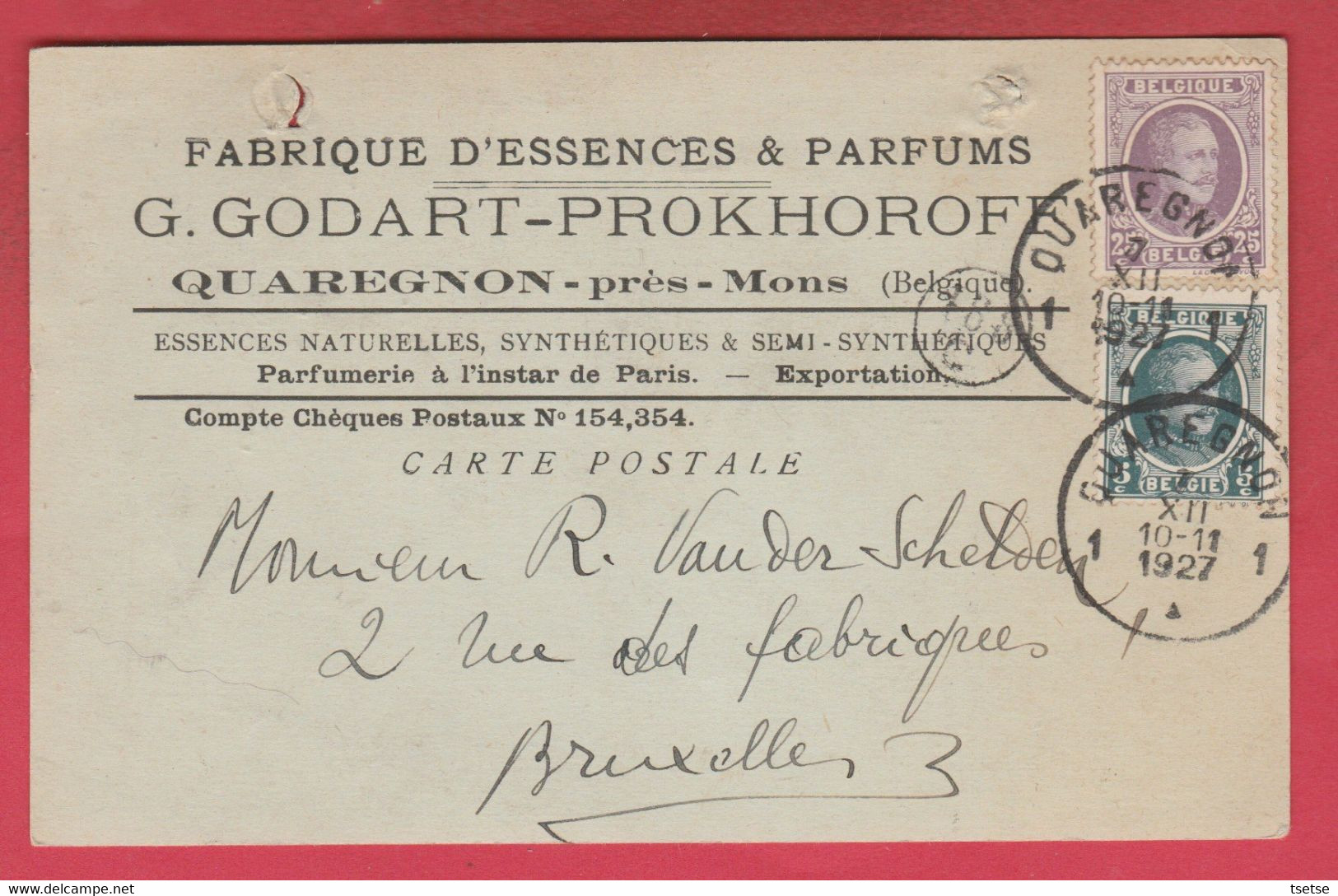 Quaregnon- Carte Publicitaire - Fabrique D'Essences & Parfums - 1927 ( Voir Verso ) - Quaregnon