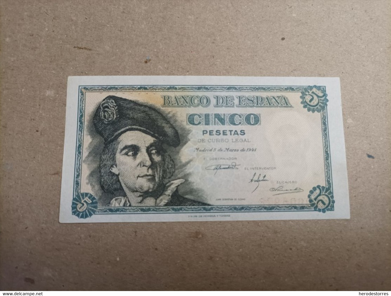 Billete De 5 Pesetas 1948 Sin Serie, Nº Bajisimo 00001113, Sin Circular - 5 Pesetas