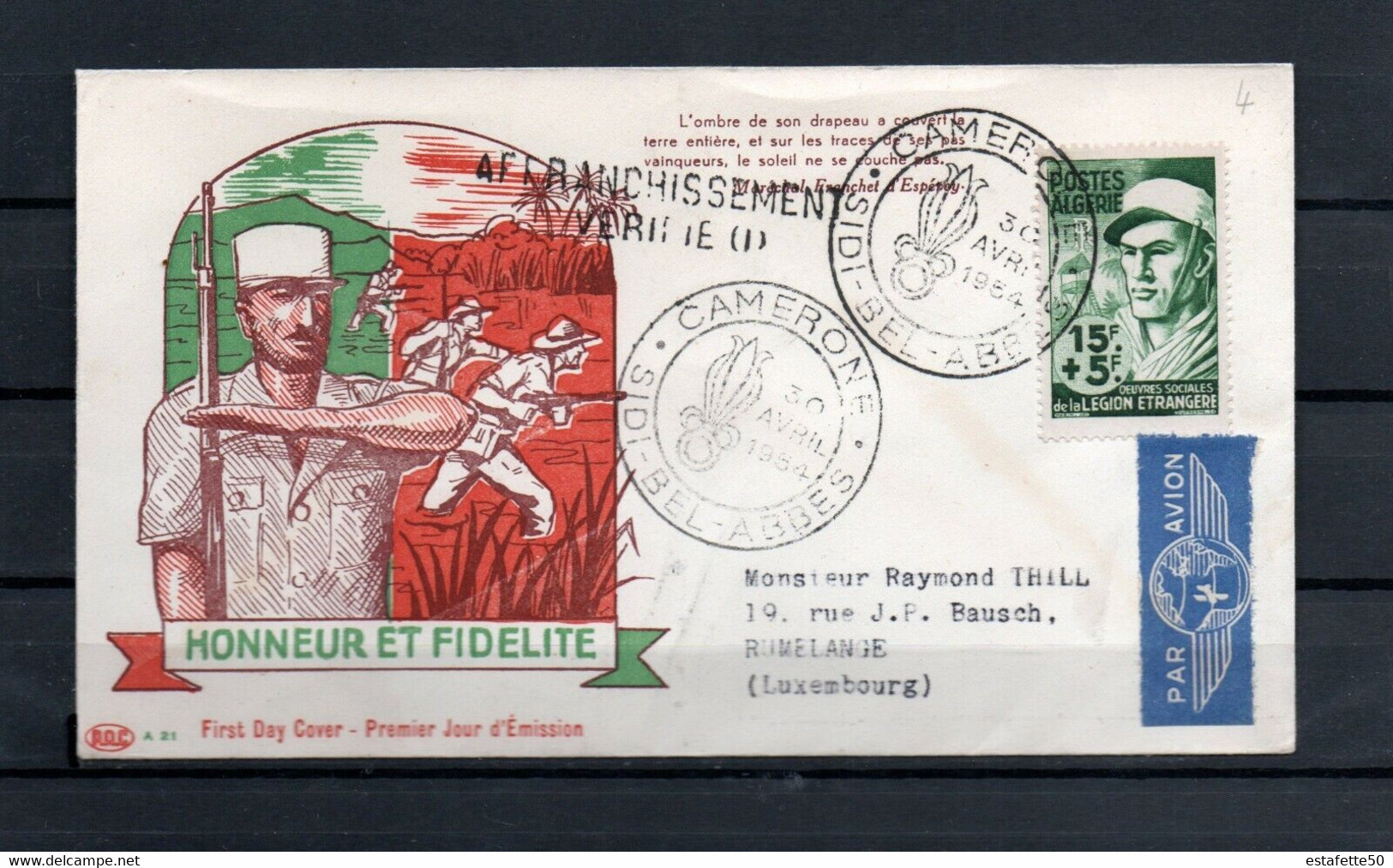 Algérie ; France ;FDC 1954, " Oeuvres Sociales De La Légion;Sidi Bel Abbès " - FDC
