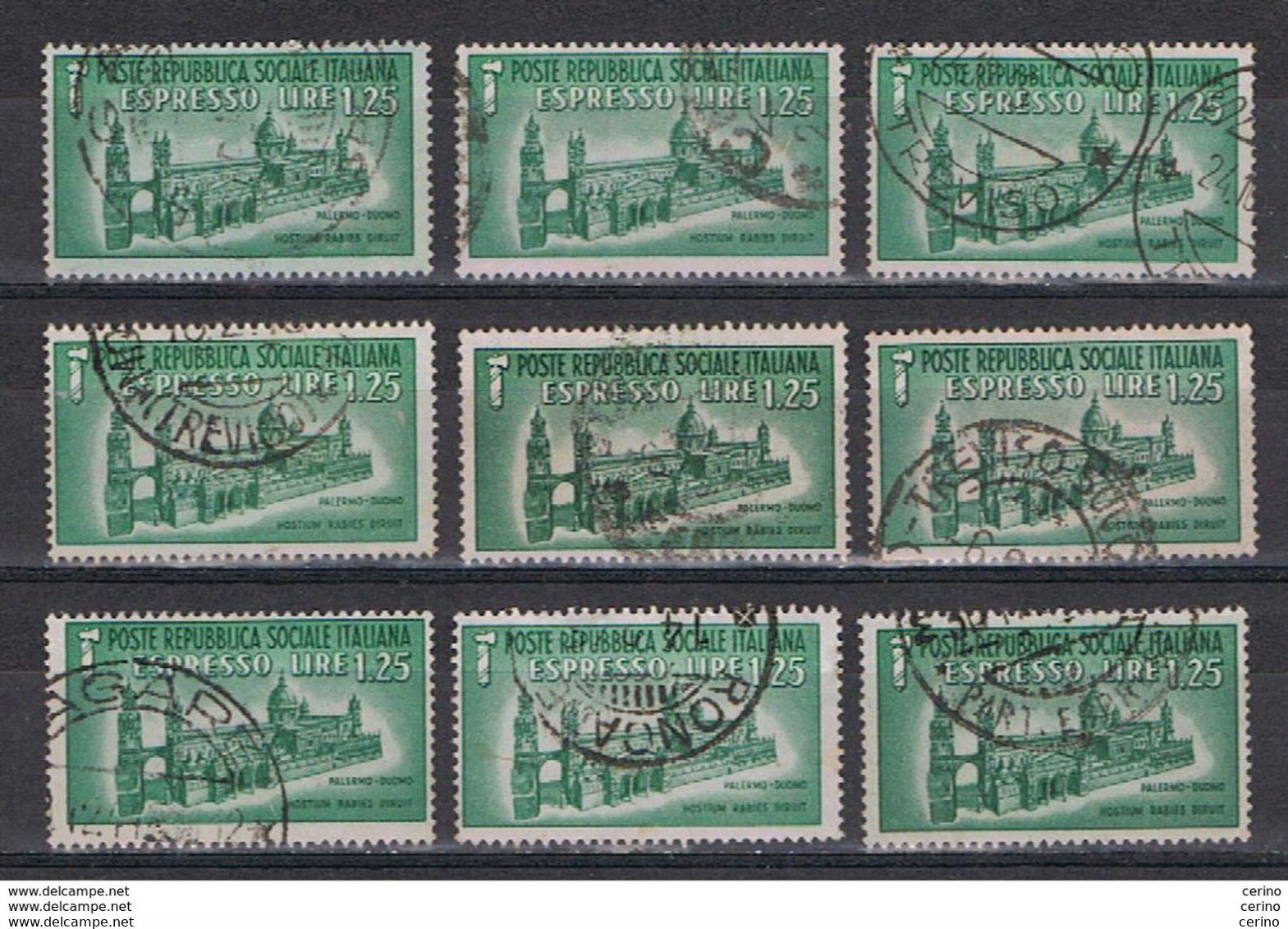 R.S.I.:  1944  ESPRESSO  -  £. 1,25  VERDE  US. -  RIPETUTO  9  VOLTE  -  SASS. 23 - Posta Espresso