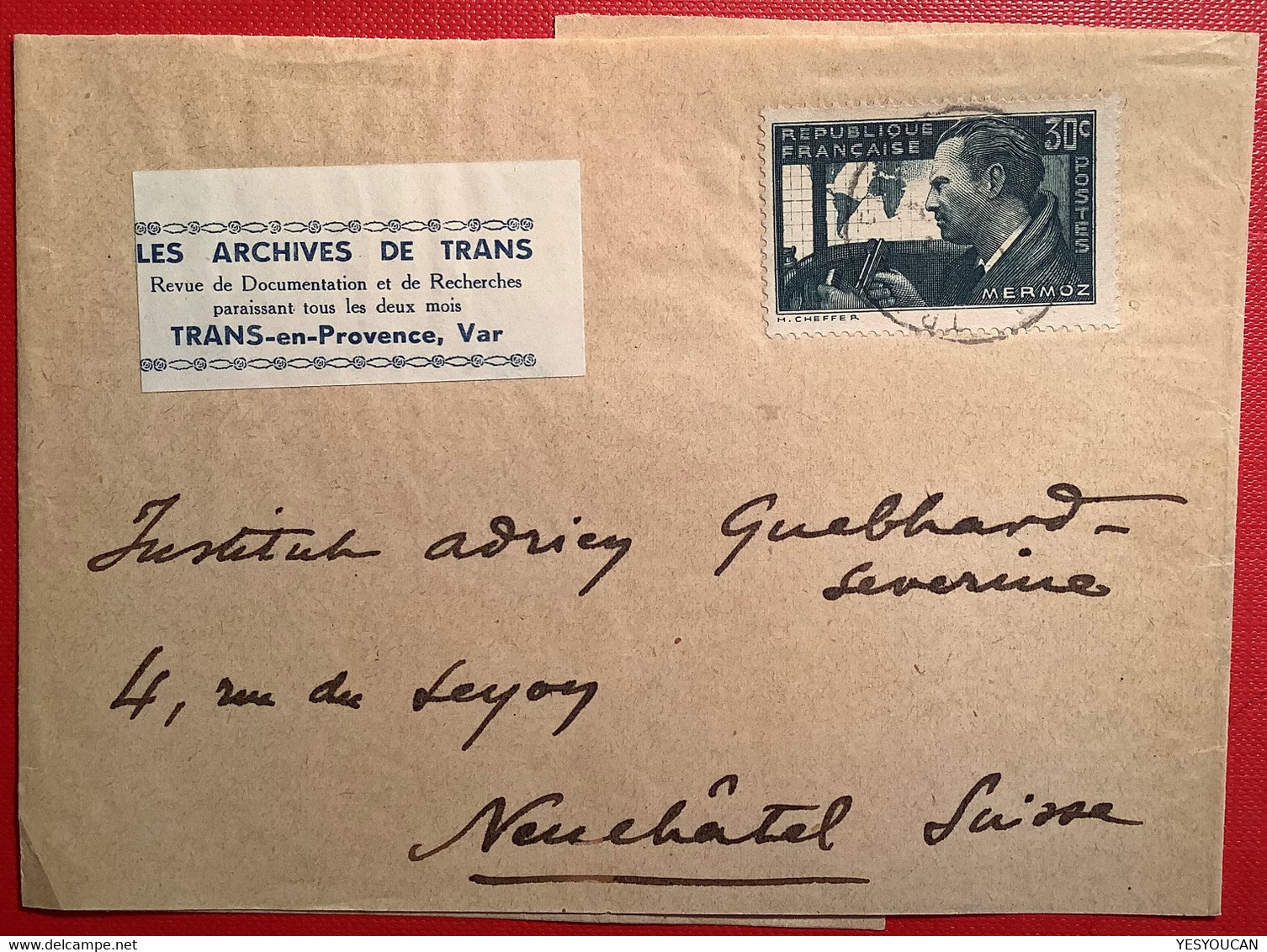 #337 30c Mermoz UTILISATION RARE Sur Bande Journal TRANS EN PROVENCE VAR 5.9.1937>Neuchatel Suisse (France Lettre - Cartas & Documentos