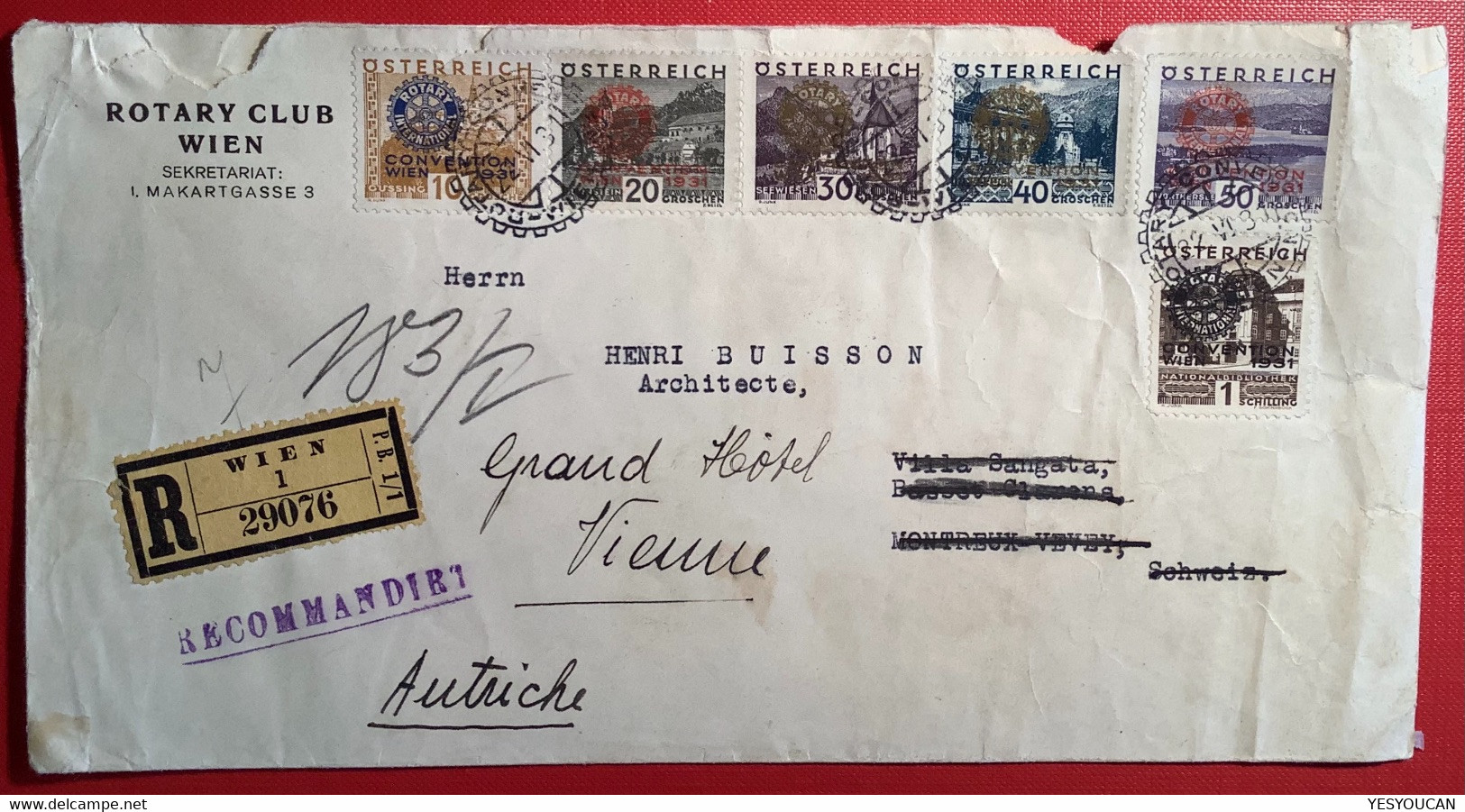 1931 ROTARY INTERNATIONAL CONVENTION WIEN Set (Yvert 398A-398F 510€) On Reg. Cover>Montreux (Autriche Austria Österreich - Covers & Documents