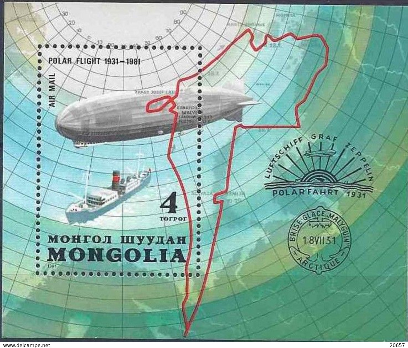 Mongolie Mongolia Bf 081 1er Vol En Ballon Zeppelin Au Dessus Du Pole Nord, Brise-glace - Expediciones árticas