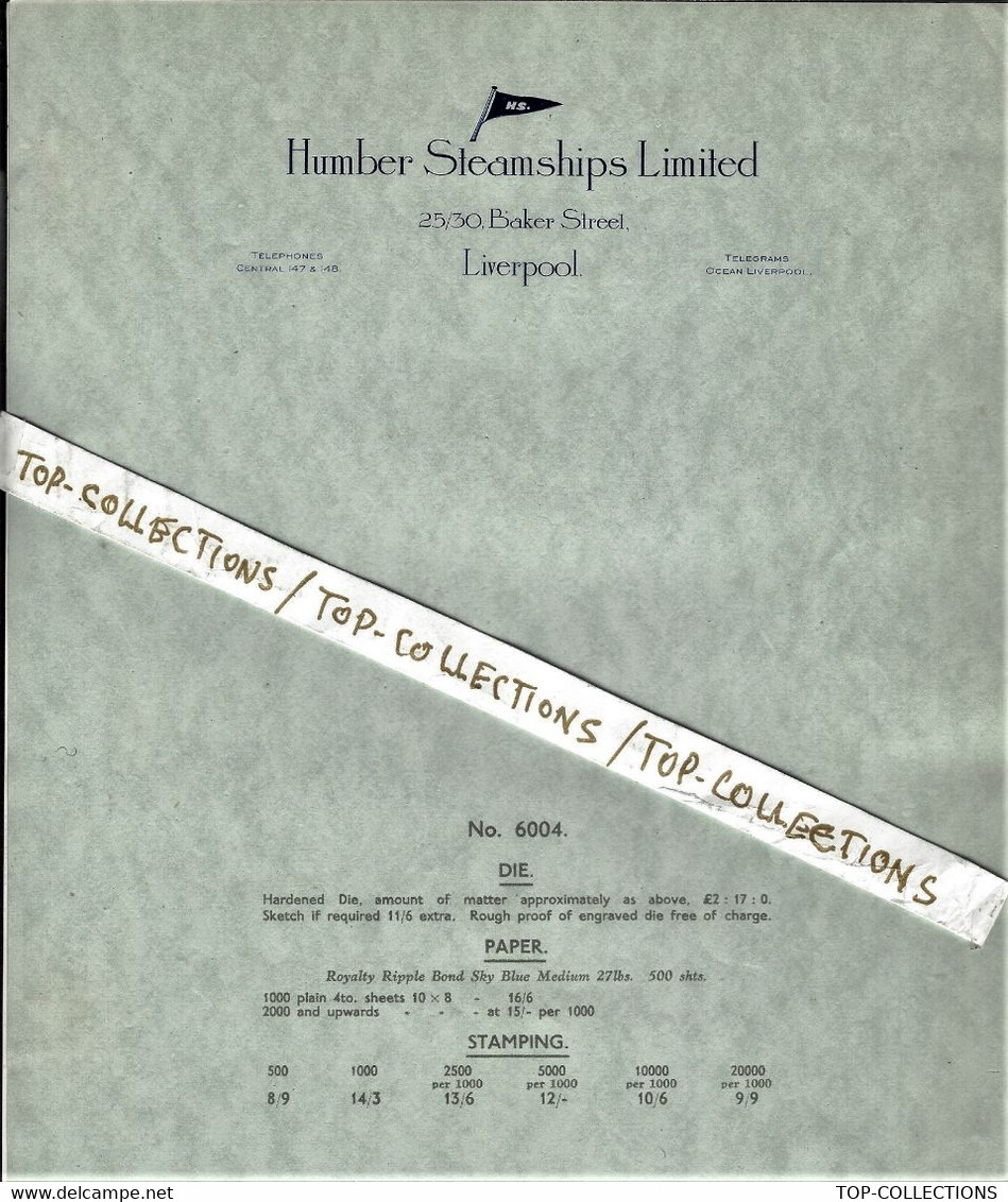 NAVIGATION PAVILLONS FLAGSHIPS ENTETE "H.S." HUMBER STEAMSHIPS Ltd Liverpool Circa 1950 SANS TEXTE B.E.V.SCANS - 1950 - ...