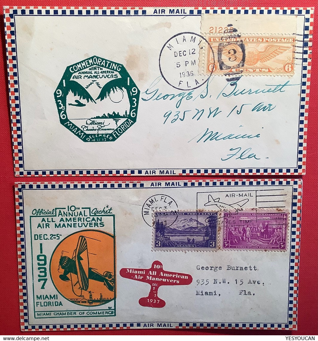 MIAMI FLORIDA 1936-1937 ALL AMERICAN AIR MANEUVERS Two Air Mail Cover (US USA First Flight Lettre 1er Vol Meeting Aérien - Storia Postale