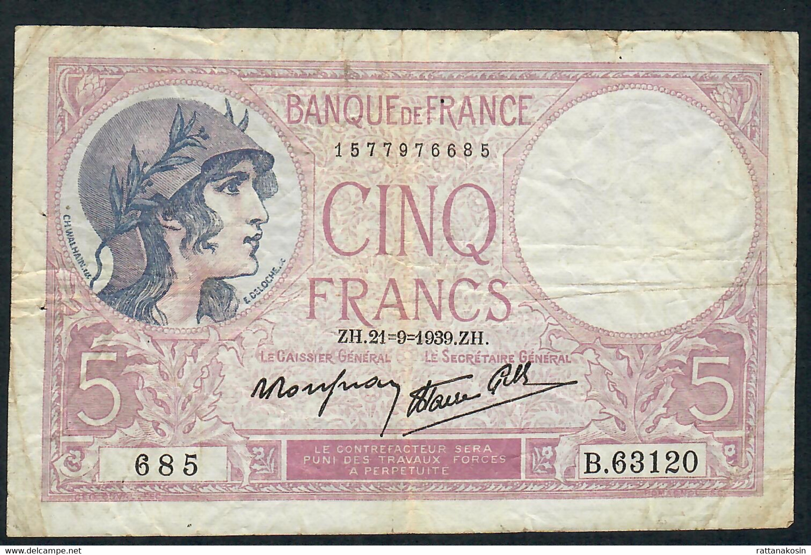 FRANCE P72 5 FRANCS 21.9.1939  FINE - 5 F 1917-1940 ''Violet''