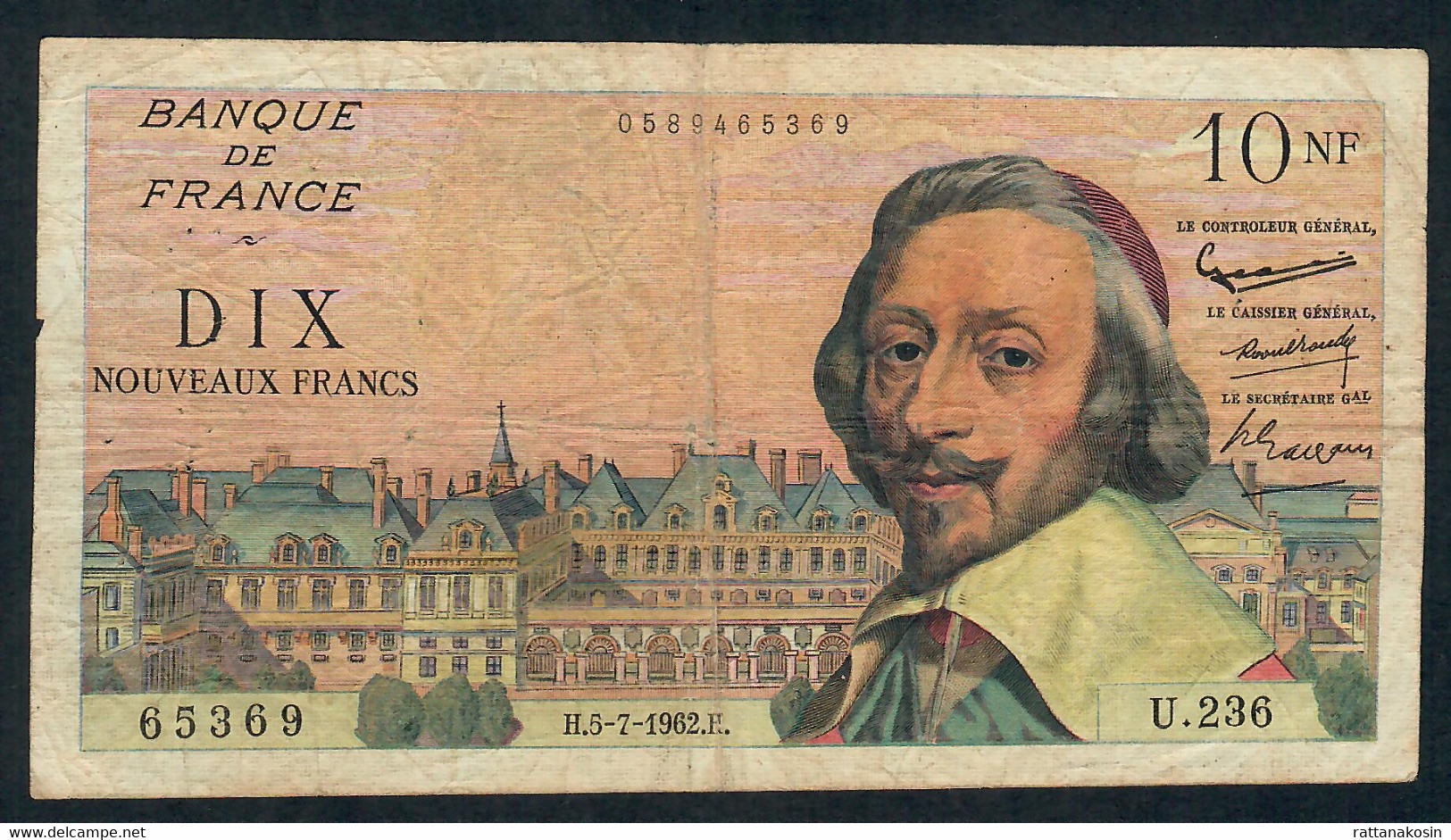 FRANCE P142 10 NOUVEAUX FRANCS 5.7.1962 #U.236   FINE - 10 NF 1959-1963 ''Richelieu''