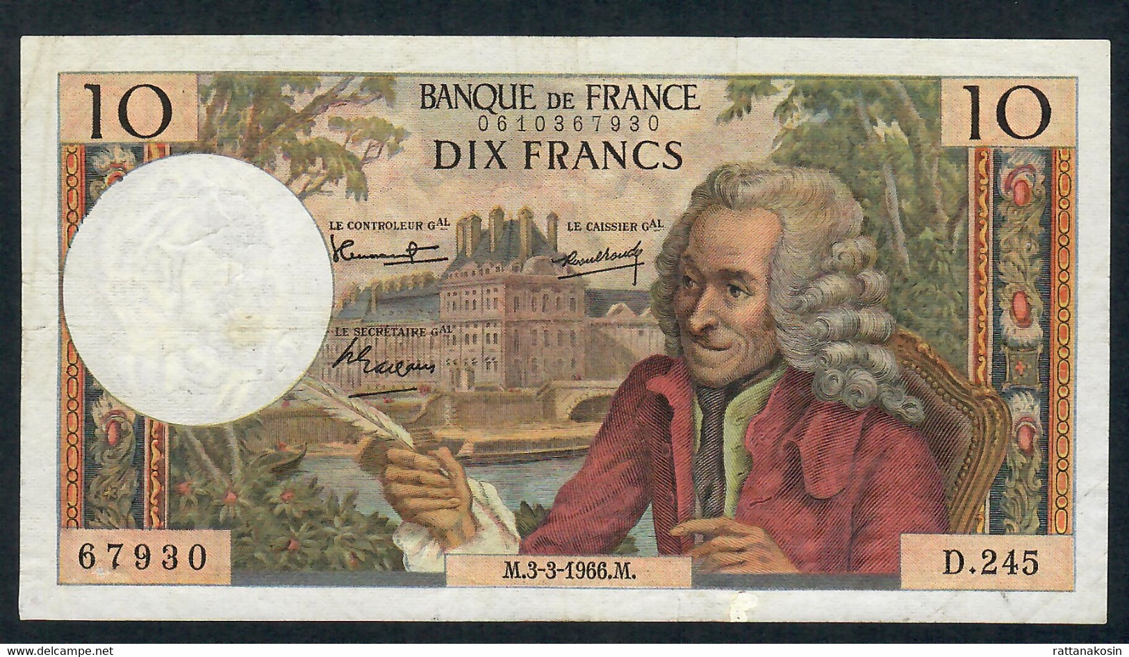 FRANCE P147 10 FRANCS 3.3.1966 #D.245    VF - 10 F 1963-1973 ''Voltaire''