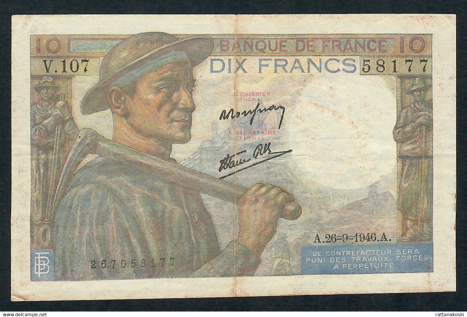 FRANCE P99f 10 FRANCS 26.9.1946 #V.107    VF - 10 F 1941-1949 ''Mineur''