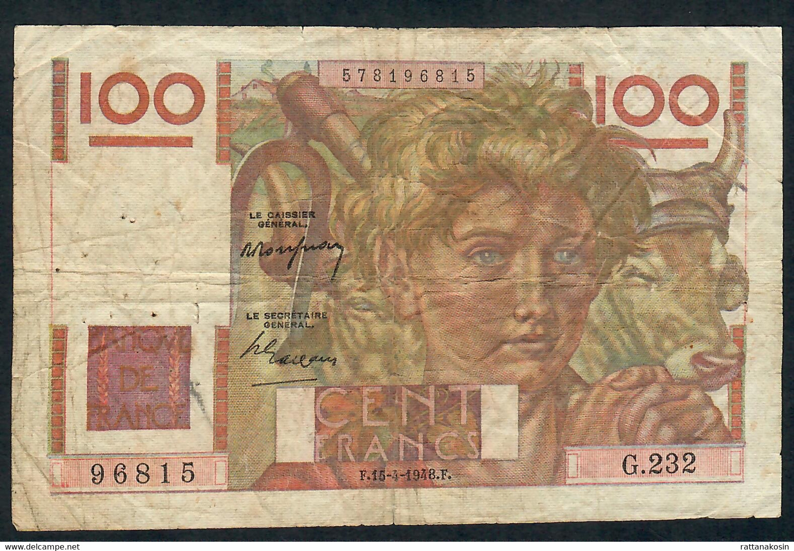 FRANCE P128 100 FRANCS   15.4.1948  #G.232   FINE - 100 F 1945-1954 ''Jeune Paysan''