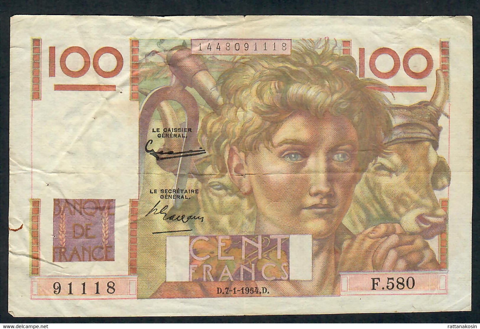 FRANCE P128 100 FRANCS   7.1.1954 #F.580   FINE - 100 F 1945-1954 ''Jeune Paysan''