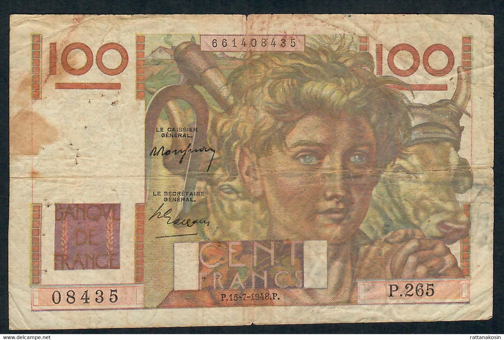 FRANCE P128 100 FRANCS   15.7.1948  #P.265    FINE - 100 F 1945-1954 ''Jeune Paysan''