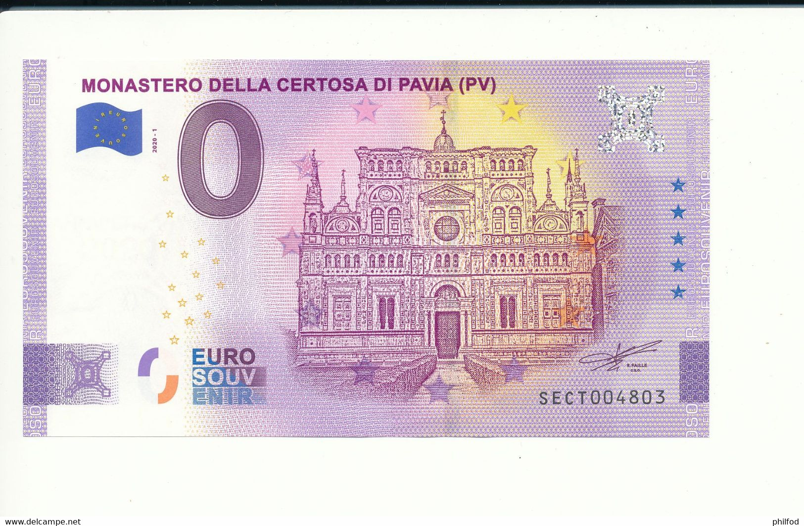 Billet Touristique 0 Euro - MONASTERO DELLA CERTOSA DI PAVIA (PV) - SECT- 2020-1 - ANNIV - N° 4803 - Autres & Non Classés