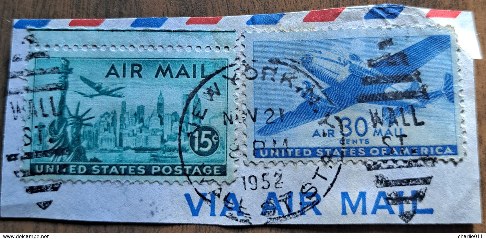 STATUE OF LIBERTY-15 C-PLANE-30 C-POSTMARK NEW YORK-WALL STREET-USA-UNITED STATES-1952 - 2a. 1941-1960 Used