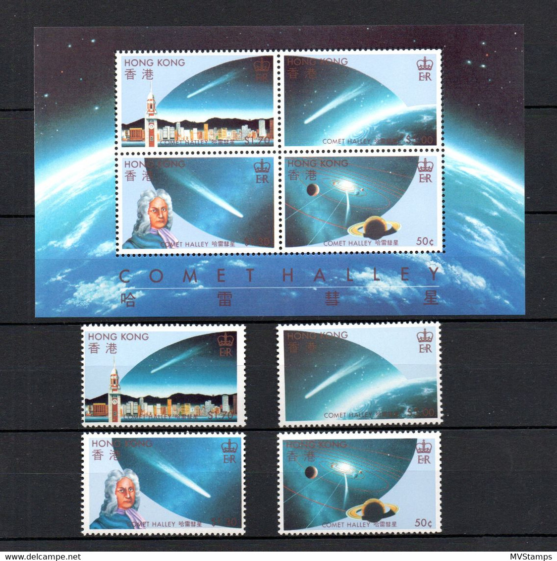 Hong Kong 1986 Set Comet Halley Stamps (Michel 478/81 + Bl.6) MNH - Nuevos