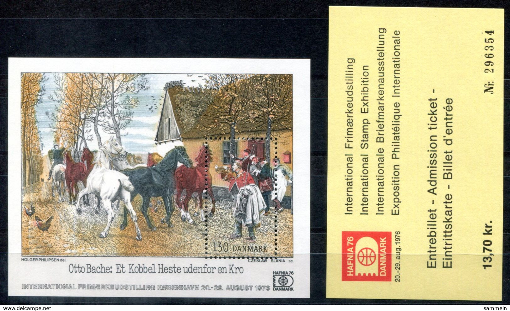 DÄNEMARK Block 3, Bl.3 Mnh Mit Ticket - HAFNIA '76, Gemälde,Painting,Peinture,Pferd,Horse,Cheval - DENMARK / DANEMARK - Blocs-feuillets