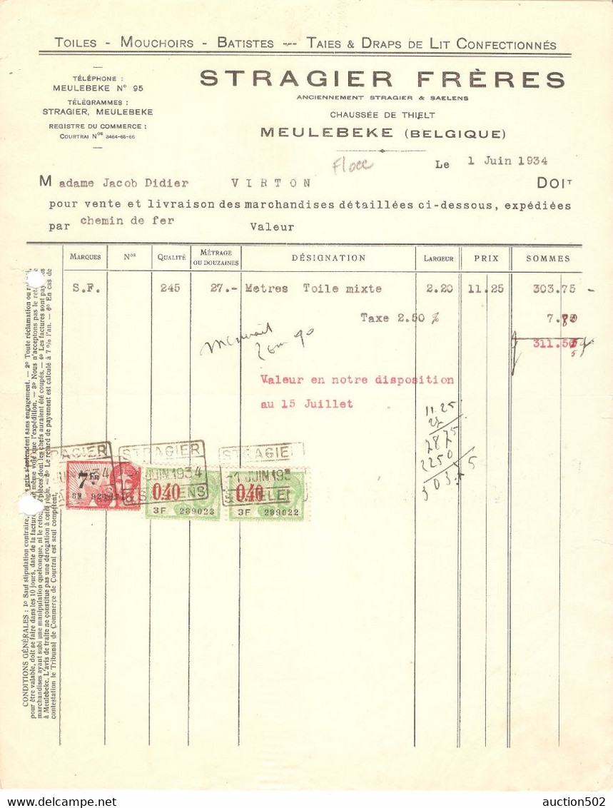 Facture 1934  Stragier Frères Meulebeke Toiles-Mouchoirs - Batistes --- Taies & Draps De Lit Confectionnés TP Fiscaux - Kleidung & Textil