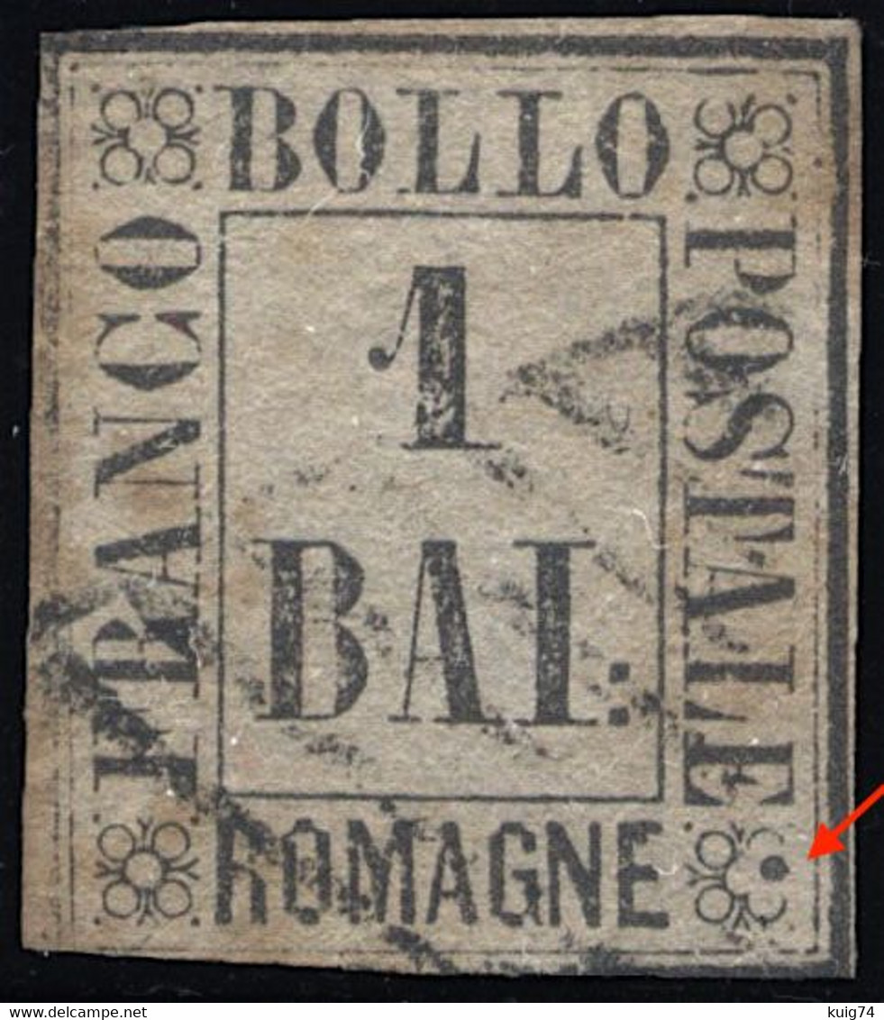 1859 ROMAGNE 1 BAI GRIGIO N.1a USATO CON PARTICOLARE DIFETTO DI CLICHE'/INCHIOSTRAZIONE - USED VERY FINE DETAIL - Romagne