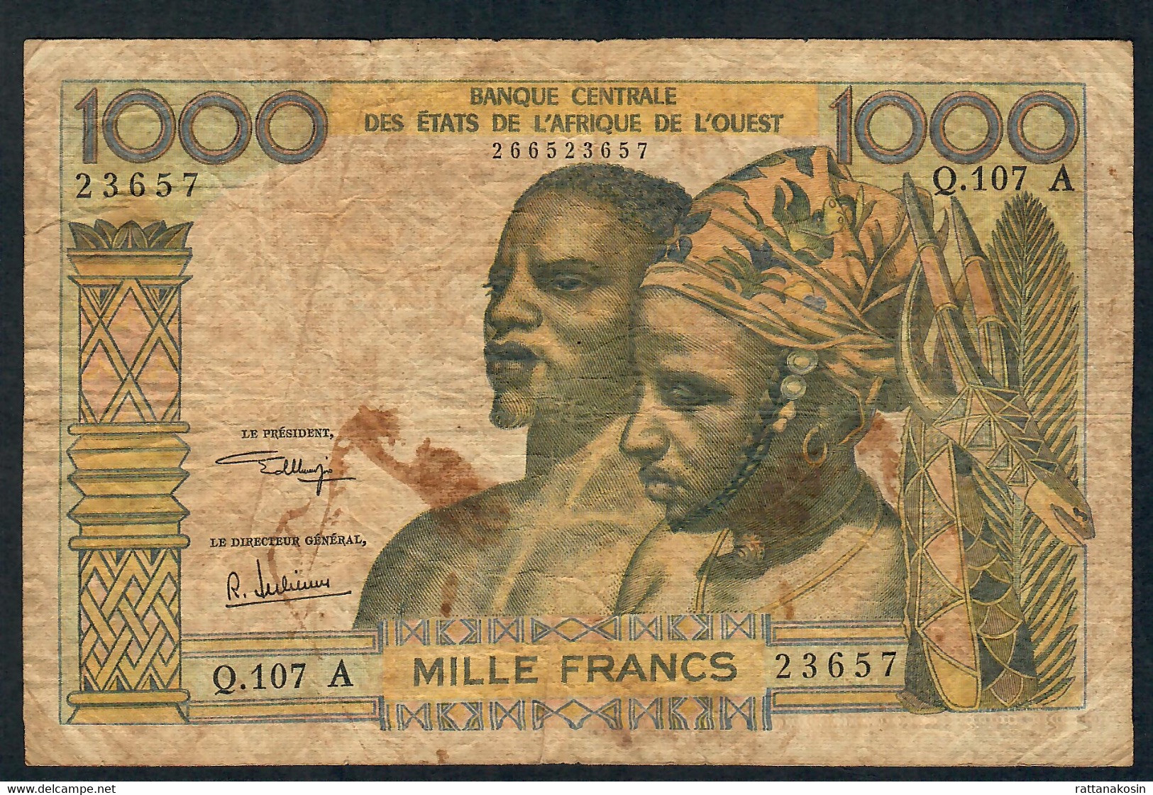 W.A.S. IVORY COAST P103Aj 1000 FRANCS TYPE 1959 Issued 1975 SIGNATURE 9 FINE - West-Afrikaanse Staten