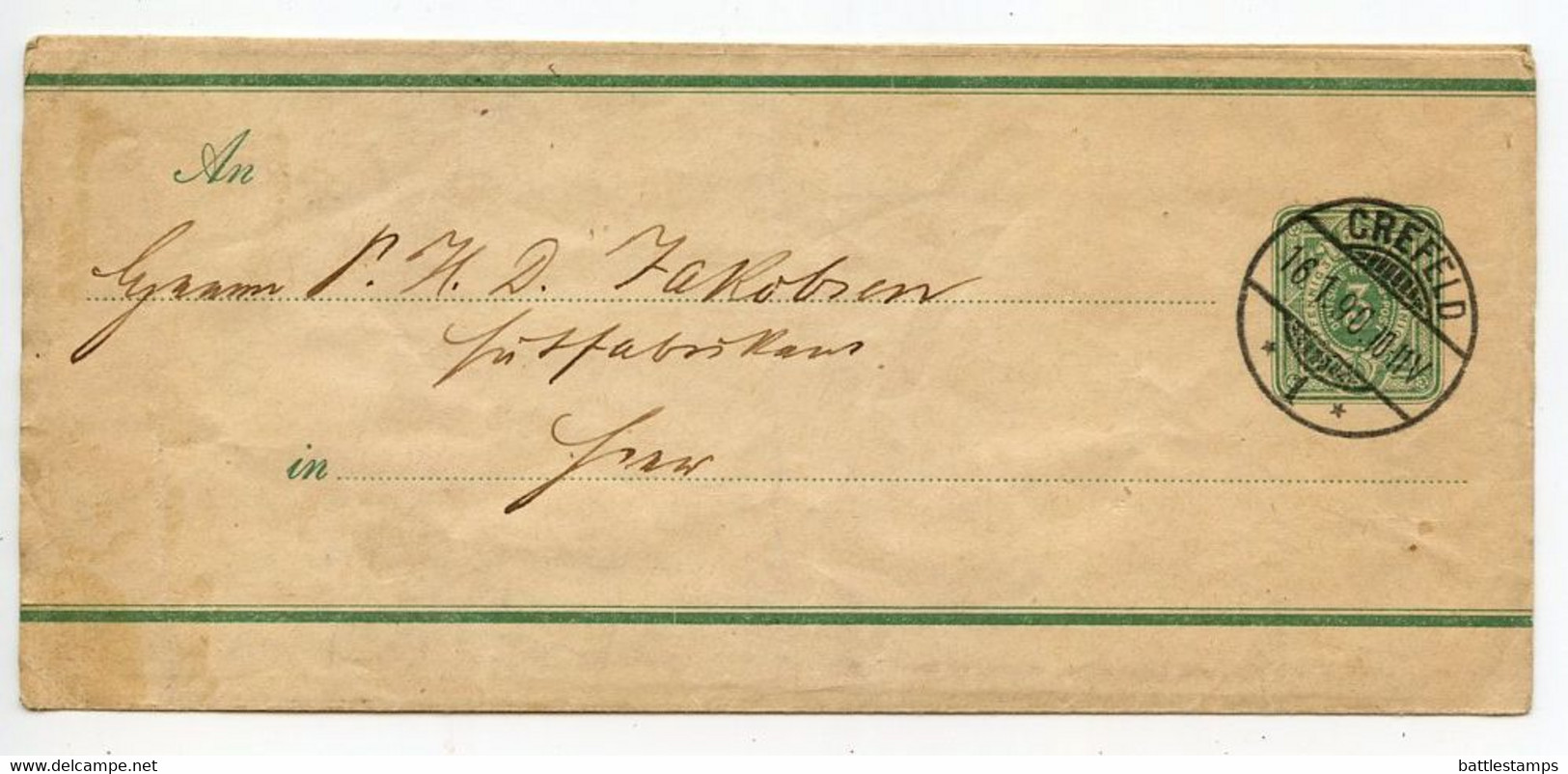 Germany 1890 3pf Crown Wrapper; Crefeld Postmark - Other & Unclassified