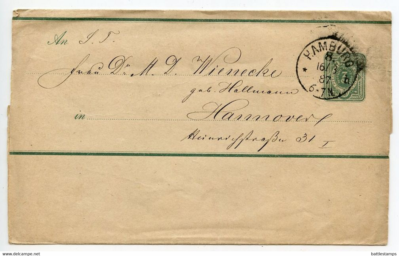 Germany 1887 3pf Crown Wrapper; Hamburg To Hannover - Altri & Non Classificati