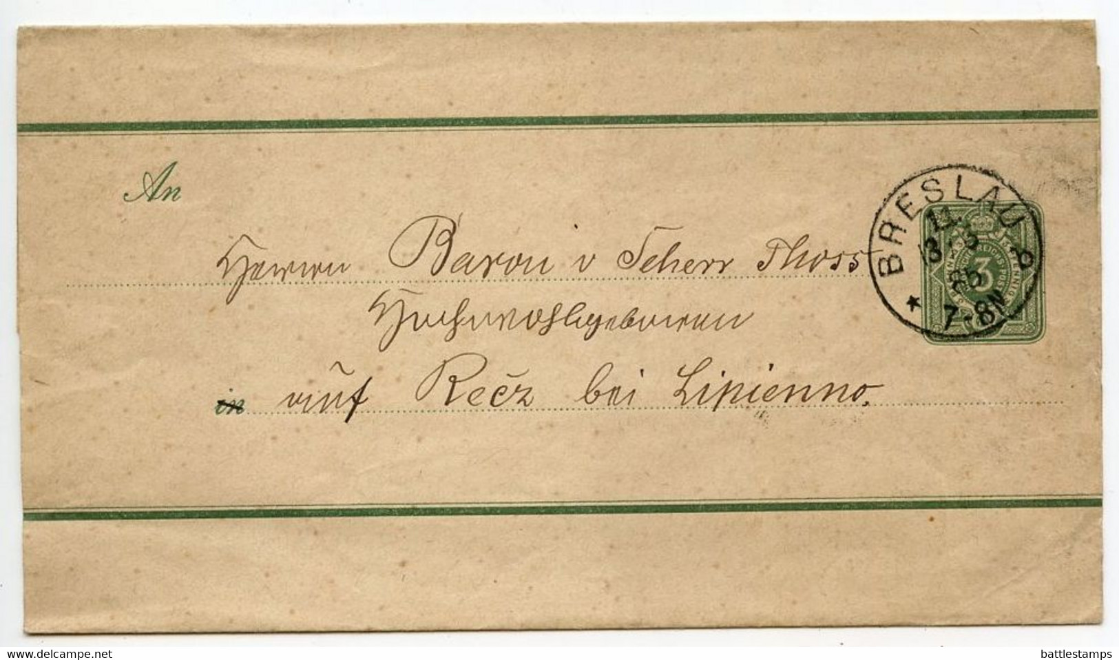 Germany 1884 3pf Crown Wrapper; Breslau To Reetz Bei Lipienno - Sonstige & Ohne Zuordnung