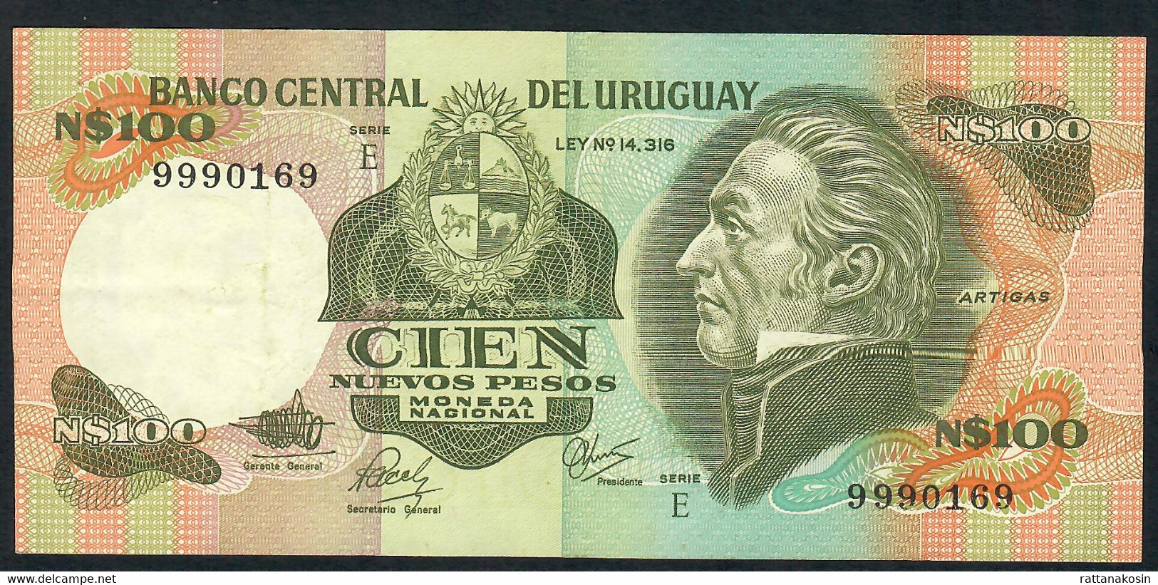 URUGUAY REPLACEMENT P62d 100 PESOS 1985  LETTER E  #999...  VF NO P.h. - Uruguay