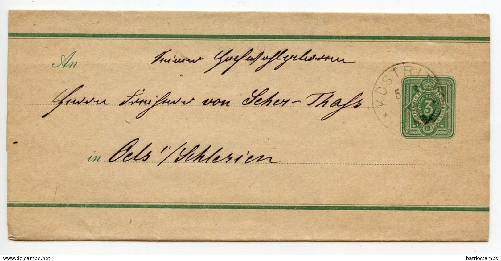 Germany 1889 3pf Crown Wrapper; Köstritz To Oels I/ Schlesien - Other & Unclassified