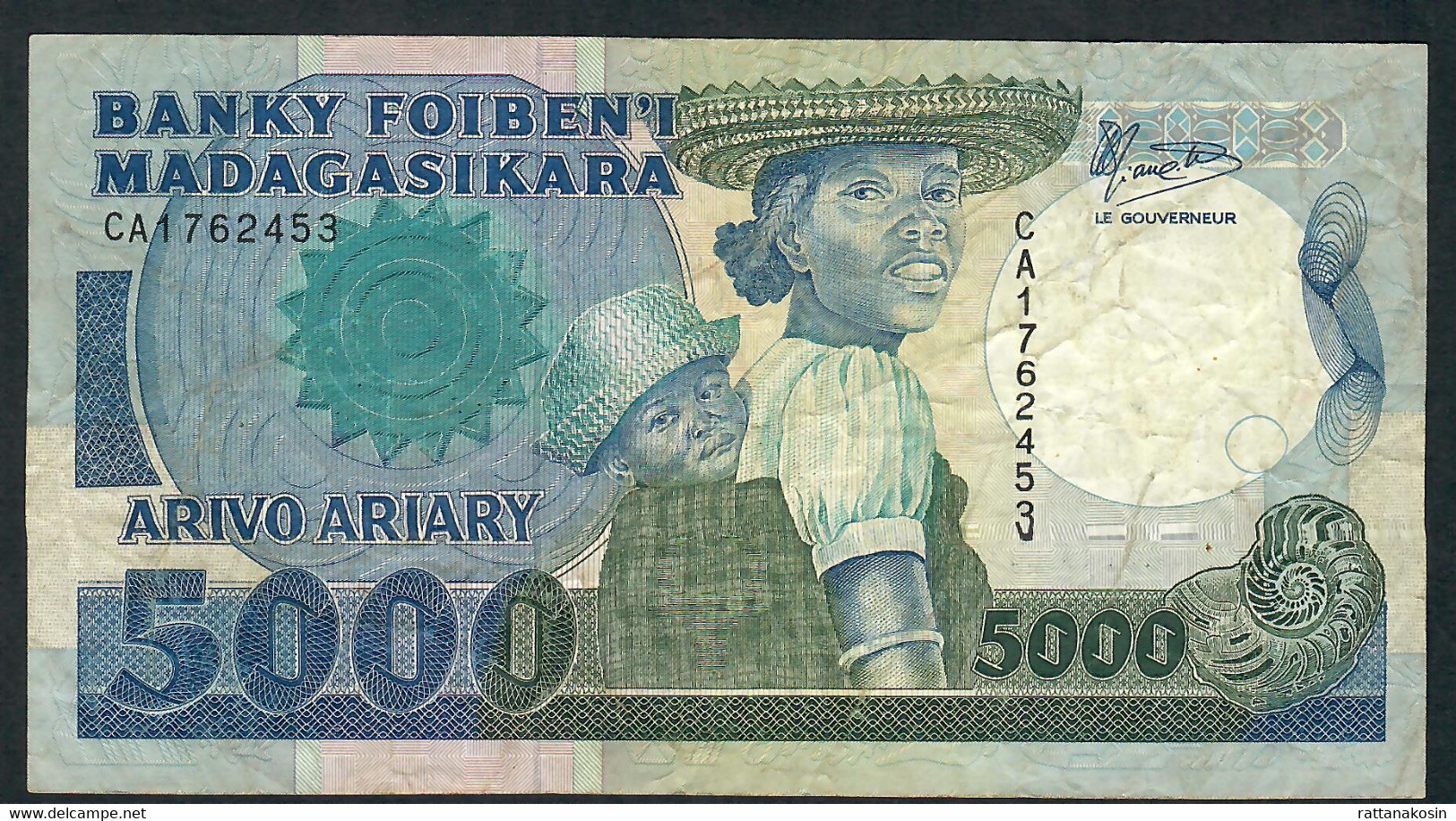 MADAGASCAR P73a 5000 FRANCS 1988 #CA  FIRST PREFIX  Signature 2  FINE 2 P.h. - Madagaskar