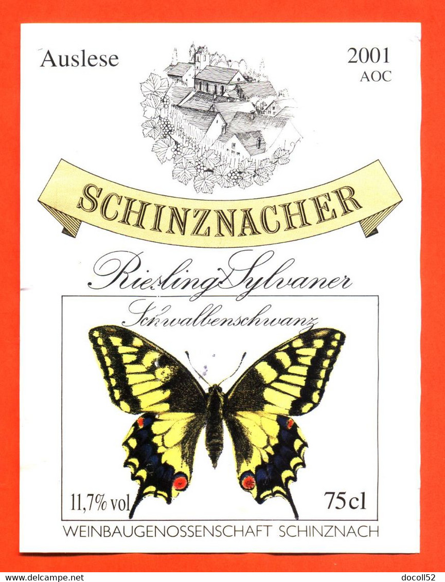 Etiquette De Vin Suisse Schinznacher Riesling Sylvaner 2001 à Schinznach - 75 Cl - Papillon - Schmetterlinge