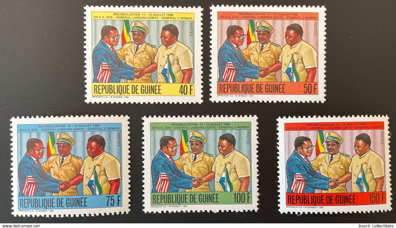 Guinée Guinea 1987 Mi. 1161 - 1165 II (Drawing) Réconciliation 1986 Doe Conte Momoh Flags Drapeaux Sierre Leone Liberia - Guinea (1958-...)