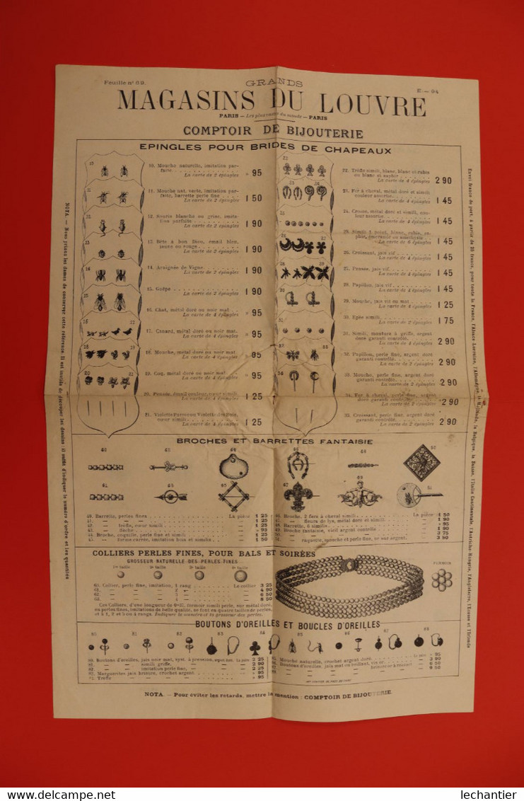 Magasins Du LOUVRE  Comptoir Bijouterie Document Des Années 1900/1910 Affichette Recto/verso 25X38 - Kettingen