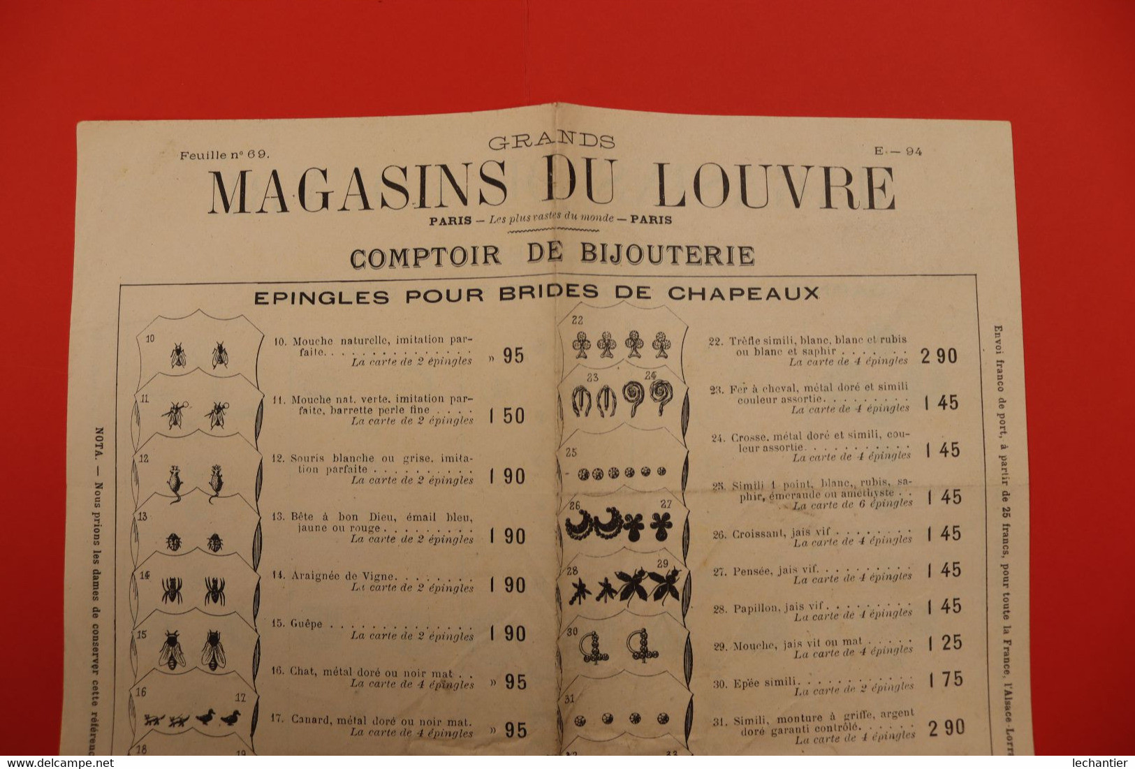 Magasins Du LOUVRE  Comptoir Bijouterie Document Des Années 1900/1910 Affichette Recto/verso 25X38 - Necklaces/Chains